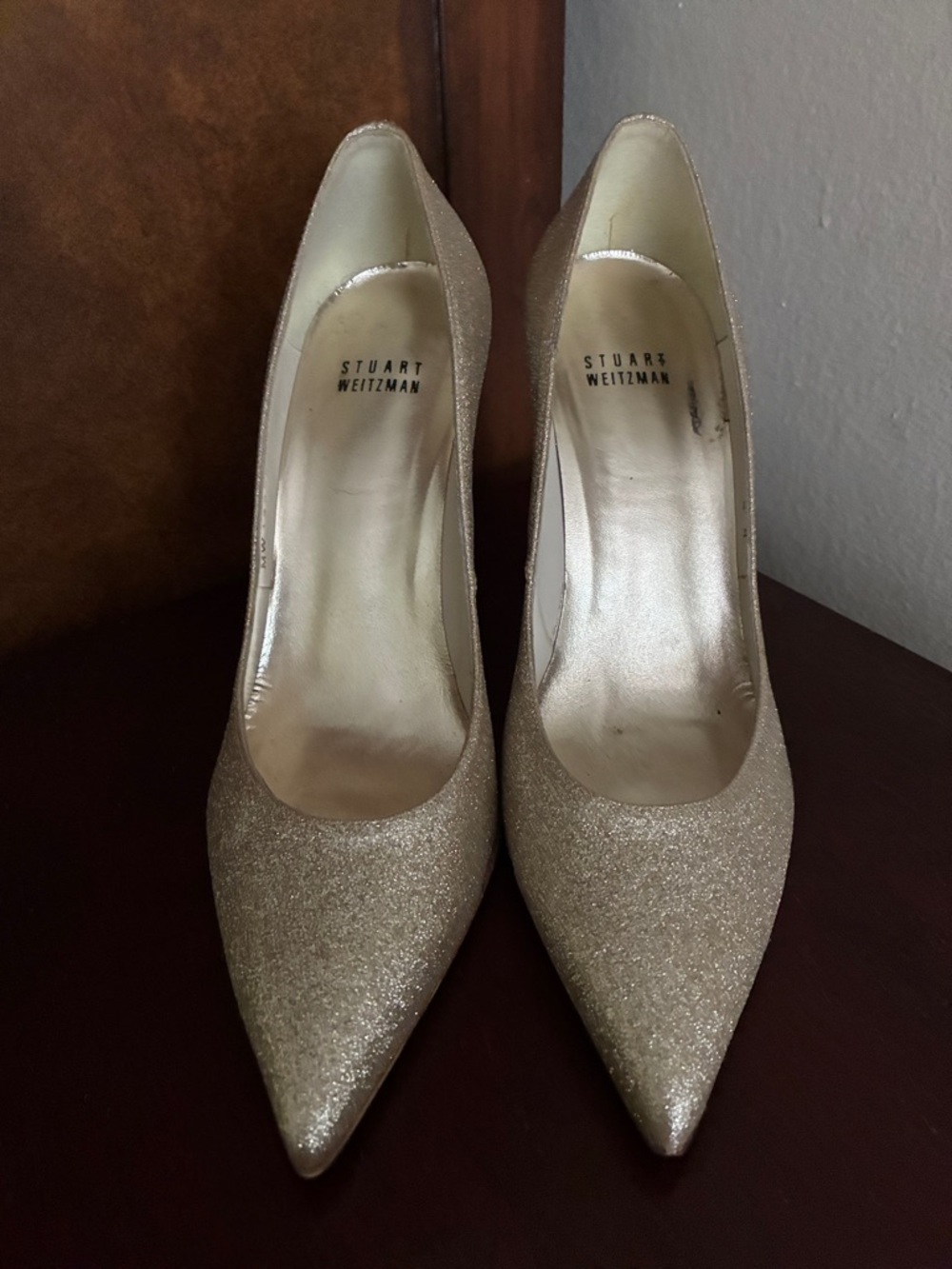 Stuart Weitzman Gold Glitter Pointed Toe Pumps